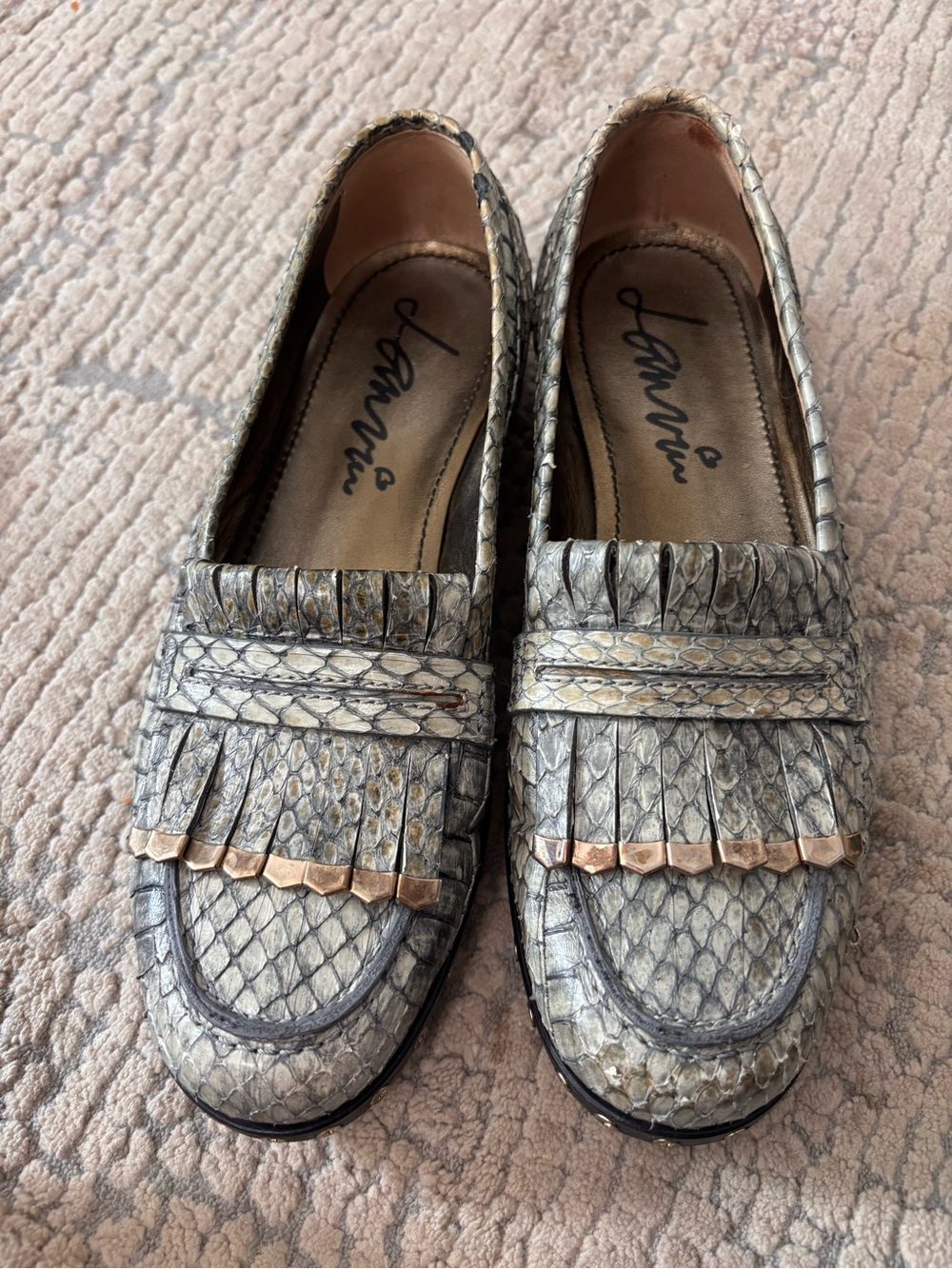 Lanvin Women's Metallic Snake-Embossed Loafers in Silver 37.5